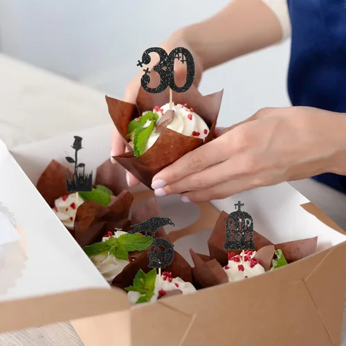 Miniatura 6 de Roowest 48 adornos para cupcakes de los años 20 con purpurina de Death to My Twenties Rip to My 20, decoraciones de fiesta de cumpleaños de 30 años