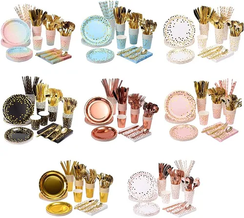 Miniatura 6 de 200 piezas de suministros para fiestas dorados - Platos de papel y servilletas dorados, cubiertos, tazas, sirve para 25 conjuntos para bodas, Punto