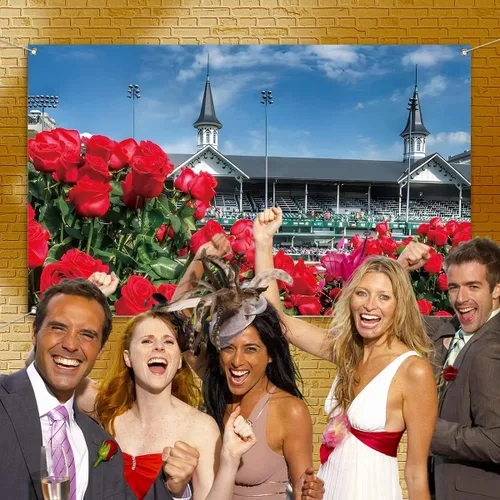 Miniatura 2 de Vohado Telón de fondo para cabina de fotos de Kentucky Churchill Downs 2025 con temática de carreras de caballos, decoración de pared con rosas