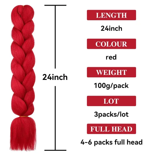 Miniatura 2 de HAIRCUBE Cabello trenzado rojo de 24 pulgadas, 3 paquetes de trenzas de caja preestiradas, extensiones de cabello trenzado trenzado de ganchillo