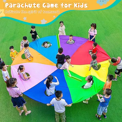 Miniatura 2 de Paracaídas arcoíris para niños, juguete de paracaídas con asas, juego de paracaídas para niños, cooperación en grupo y actividades al aire libre