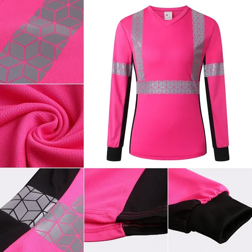Miniatura 5 de Playera de Seguridad para Mujer, Camiseta Reflectante de Alta Visibilidad para Mujer con Patrón Reflectante Inusual, Manga Corta Transpirable rosa