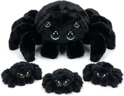 Peluche de araña de peluche con sorpresa – Suave animal de peluche mamá araña con 3 arañas bebé en barriga con cremallera, juego para niños,