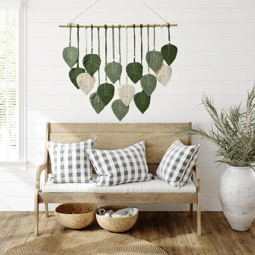 Miniatura 6 de MSFENG Tapiz para colgar en la pared, diseño de hojas, bohemio, decoración de pared tejida con plumas tejidas a mano, borlas de hilo tejido, Verde