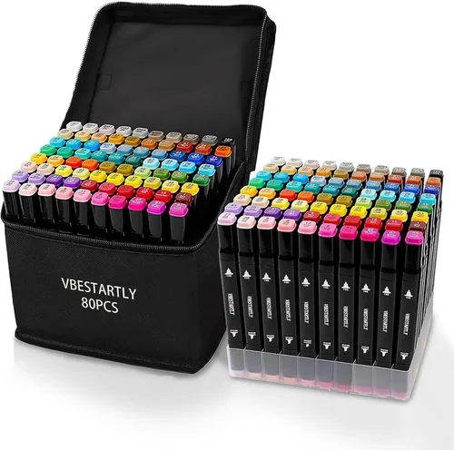 VBESTARTLY Marcadores de alcohol de 80 colores con base, marcadores permanentes de doble punta para adultos, ilustraciones de bocetos para colorear