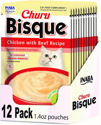 Miniatura 18 de INABA Churu Bisque para gatos, plato de puré cremoso para lamer con vitamina E, 1.4 onzas por bolsa, 12 bolsas, receta de pollo