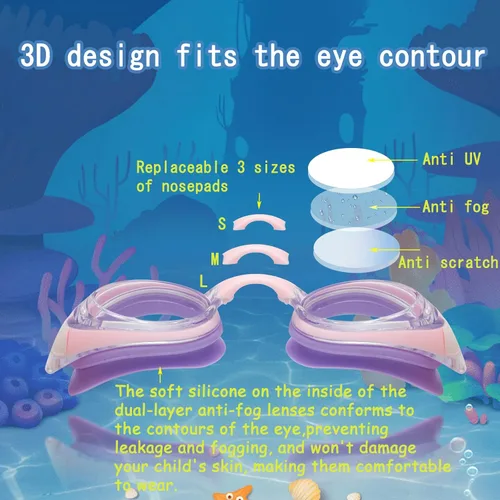 Miniatura 2 de Gafas de natación miopes para niños -2.0D a -5.0D, gafas de natación antiempañamiento miopes sin fugas, aptas para 4 a 14 años Púrpura
