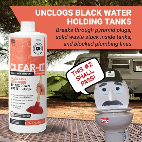 Miniatura 3 de Unique Clear-It RV Tanque Negro Desatascador Líquido - Rompe a Través de Tapones de Pirámide, Tanques Compactados y Tuberías Obstruidas (946 ml)