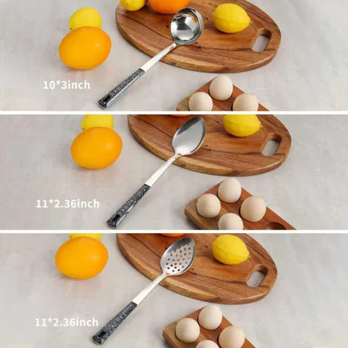 Miniatura 8 de Juego de 5 cucharas de servir de acero inoxidable, cucharas grandes para servir con cucharón y cuchara ranurada, cucharas de metal para cocinar