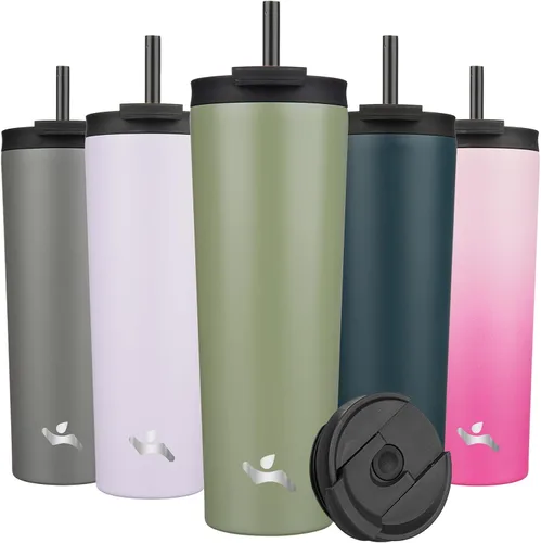 Miniatura 42 de Konokyo Vaso aislado de 18 onzas con tapa y 2 pajillas, botella de agua de acero inoxidable, taza de viaje al vacío, taza de café, color blanco ángel