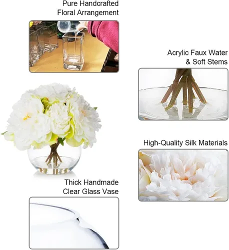 Miniatura 3 de ENOVA FLORAL Flor de peonía artificial con jarrón, arreglo de flores falsas, peonía sintética en jarrón de vidrio para decoración de cocina, oficina