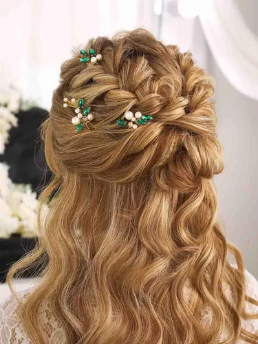 Miniatura 4 de Casdre Horquillas para el pelo de perlas doradas y verdes con diamantes de imitación para novias, accesorios para el cabello de boda para mujeres
