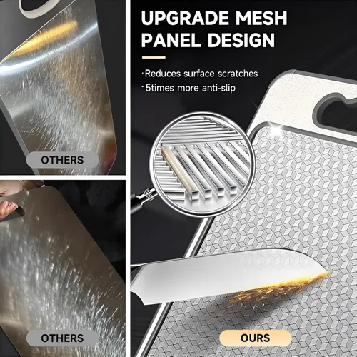 Miniatura 7 de Tabla de cortar de acero inoxidable de doble cara, tabla de cortar de grado alimenticio 304 con malla resistente a los arañazos, ranura para jugos
