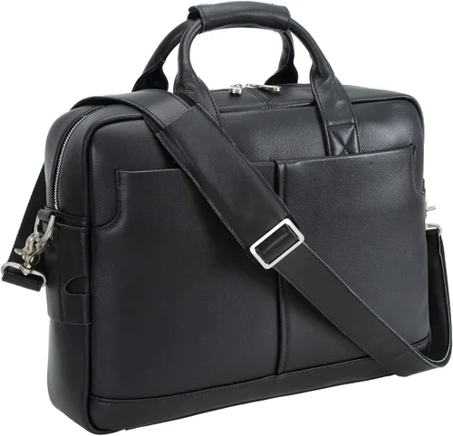 Maletín de cuero genuino de grano completo para hombre de 16 pulgadas, bolsa de mensajero con cremalleras YKK (negro)