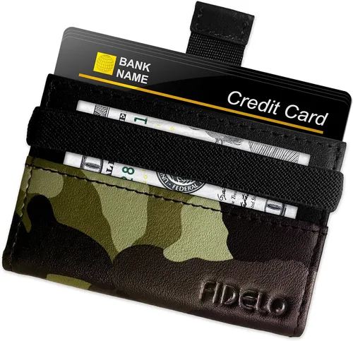 Cartera minimalista para tarjetas de crédito, Fidelo - Cartera delgada para hombre, bloqueo RFID + cuero genuino de grano completo, Borde "Woodland"