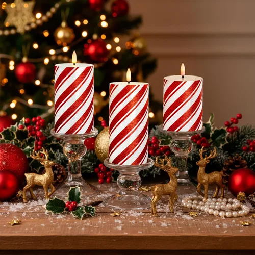 Miniatura 3 de Velas LED de pilar con purpurina de rayas rojas, velas de cera real sin llama para Navidad, vacaciones, decoración de fiesta en el hogar, juego de 3