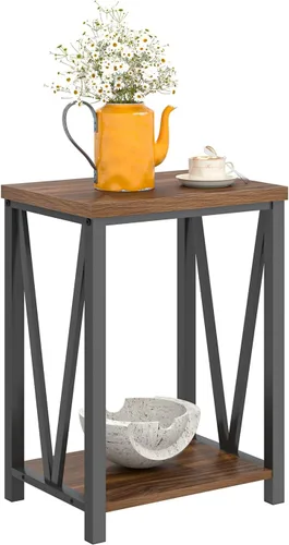Miniatura 8 de FOLUBAN Mesa auxiliar pequeña, mesa auxiliar de madera rústica y metal con almacenamiento, moderna mesita de noche para sala de estar, dormitorio