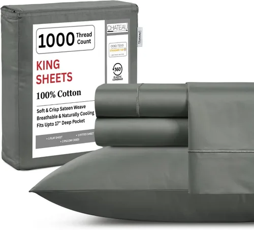 Miniatura 34 de Juego de sábanas 100% algodón para cama King, juego de sábanas certificadas de 1000 TC con bolsillo profundo, juego de sábanas y fundas de almohada