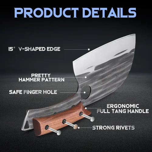 Miniatura 3 de ROCOCO Cuchillo de Chef Serbio Cuchillo Carnicero Cuchilla con Funda para Cocina Exterior BBQ Camping Regalo de Cumpleaños Padre Madre Navidad