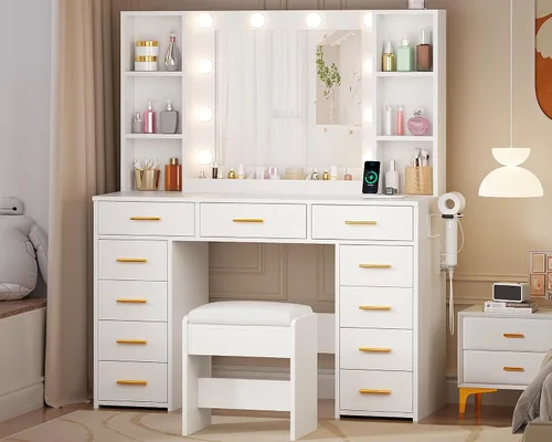Miniatura 8 de Mesa de tocador de maquillaje ANWBROAD con espejo y luces, mesa de tocador blanca con toma de corriente, 11 cajones, 9 estantes, 3 modos