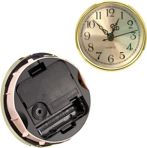 Miniatura 5 de HILLHOME Mini reloj redondo de cuarzo, esfera dorada de 3.5 pulgadas, bisel dorado, números arábigos, se adapta a agujeros de 3.0 pulgadas (3.071 in)