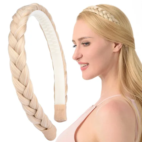Miniatura 16 de Ancho de 1.5 cm Banda de pelo sintético trenzada estrecha con dientes para mujeres y niñas (Negro)
