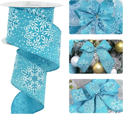 HUIHUANG - Cinta de copo de nieve con alambre, cinta de arpillera con purpurina azul, borde de alambre, 2.5 pulgadas x 10 yardas, para decoración de