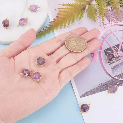 Miniatura 4 de LiQunSweet 10 piezas de eslabones de piedras preciosas de cristal de amatista natural, enlaces envueltos en alambre con alambres de latón dorado