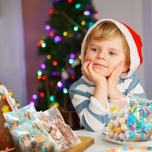 Miniatura 5 de Yinder 500 bolsas de invierno para galletas de invierno, bolsa de celofán con copos de nieve, bolsa de dulces autoadhesiva para suministros de Blanco