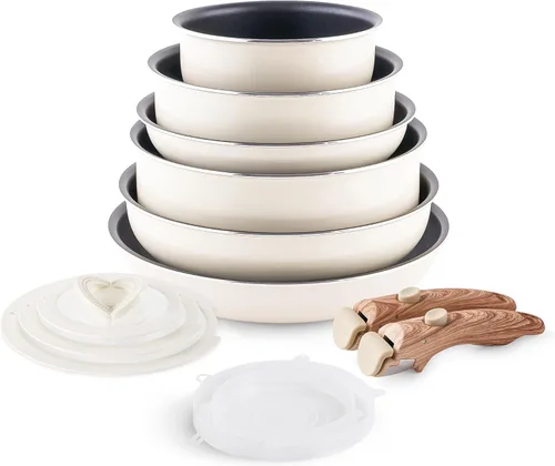 Miniatura 10 de YIIFEEO - Juego de utensilios de cocina antiadherentes, juego de ollas y sartenes apilables con mango desmontable, utensilios de cocina de granito
