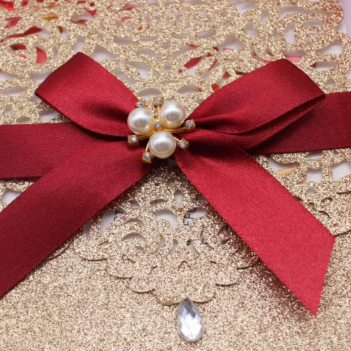 Miniatura 9 de AdasBridal 25 invitaciones de corte láser con purpurina dorada con tarjetas y sobres, diseño de diamante y cinta de lujo con inserto de papel perla