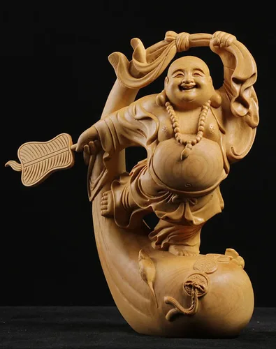Miniatura 3 de Estatua de Buda Maitreya Maitreya tallada a mano de boj natural (ventilador de bolsa de tela)