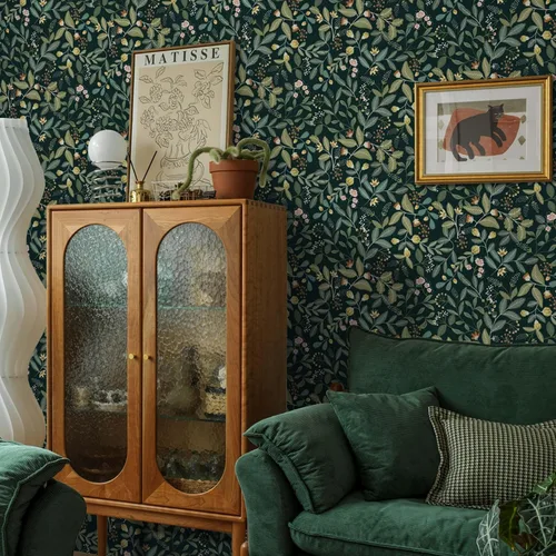 Miniatura 8 de Ismoon Papel tapiz verde para despegar y pegar, diseño bohemio floral y hojas en papel adhesivo grueso, papel adhesivo botánico oscuro, extraíble