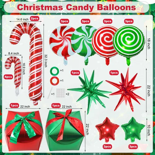 Miniatura 2 de 32 globos de papel de aluminio de Navidad, globos grandes de remolino de bastón de caramelo, globos de papel de aluminio de estrella y cajas