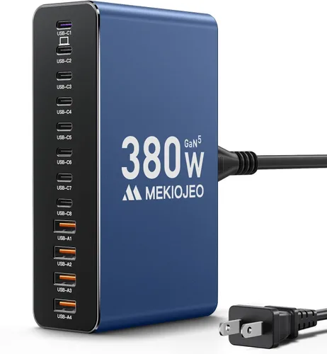 MEKIOJEO 12 puertos de aleación de aluminio 380W estación de carga rápida USB C Bloque de cargador 65W cargador GaN para MacBook Pro/Air/iPad
