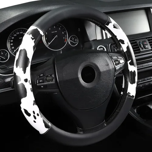 Miniatura 7 de ZHOL Funda para volante con estampado de vaca, cubierta de volante de automóvil en forma de D, piel de microfibra de 14 1/2-15 pulgadas