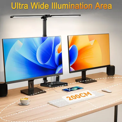 Miniatura 2 de CHARYJOD Lámpara de escritorio LED retráctil regulable con puerto de carga USB, 50 modos de iluminación, brazo doble oscilante, arquitecto, lámpara