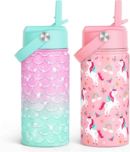 Miniatura 7 de SANDJEST Botella de Agua para Niños con Tapa de Pajita - 12 Oz Botella de Acero Inoxidable Aislada con Dibujo de Animales para Niños y Niñas - Taza