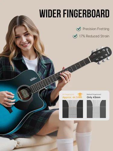 Miniatura 4 de Rosen Guitarra acústica Dreadnought de tapa sólida de 104 cm con abeto, para principiantes, con libro, bolsa acolchada, cuerdas, púas, llave Azul
