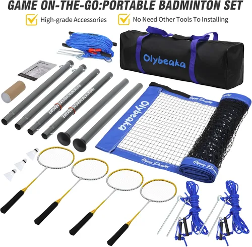 Miniatura 6 de Sistema de red de bádminton portátil para exteriores, para patio trasero, césped, playa, con red duradera, 4 raquetas de aluminio de carbono, 3