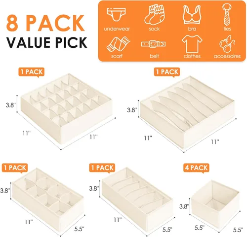Miniatura 3 de Organizador de Cajones para Ropa, Juego de 8 Organizadores de Cajones para Ropa de Bebé, Ropa Interior, Calcetines, Organización y Almacenamiento