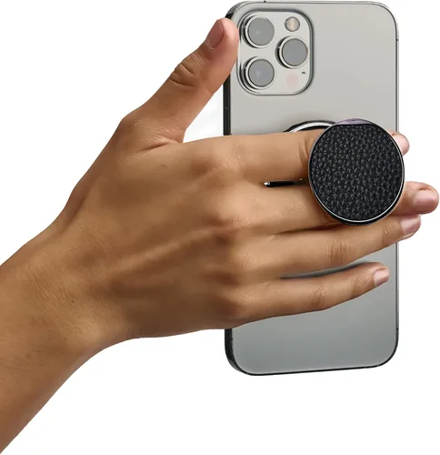 Miniatura 3 de HANDL O MagSafe - Agarre y soporte de cuero negro para teléfono, agarre magnético extraíble, soporte retráctil para dedos POPL Tap-to-Share Contact