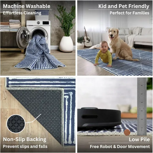 Miniatura 4 de Bloom Rugs Alfombra lavable antideslizante de 7 pies – Alfombra a rayas azules para entrada, pasillo, baño y cocina, tamaño exacto: 2.5 x 7 pies