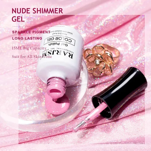 Miniatura 3 de RARJSM Esmalte de uñas de gel iridescente nude rosa brillante - Gel de uñas de purpurina brillante y brillante de color rosa neón - Pigmento Arco