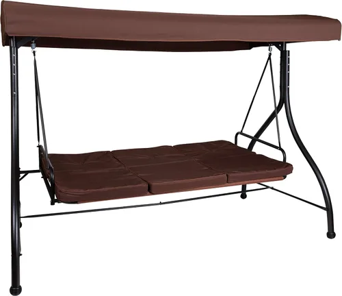 Miniatura 9 de BizChair Hamaca de toldo de columpio de patio de conversión de acero al aire libre de 3 asientos con cojines/cama de columpio al aire libre (marrón)