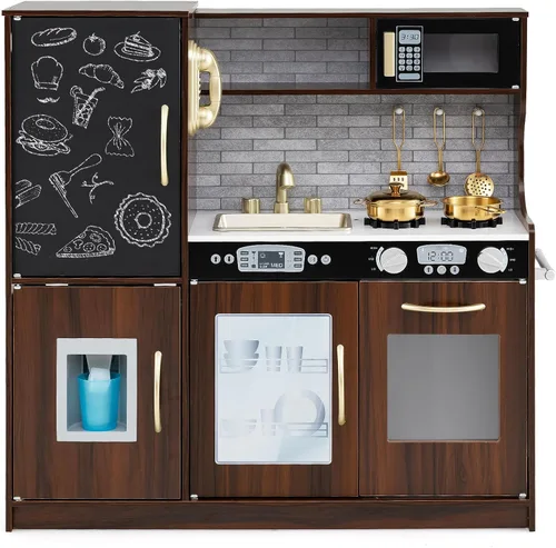 Miniatura 13 de Costzon Juego de Cocina para Niños, Set de Juguetes de Cocina de Madera de Simulación con Sonido Realista, Pizarra Grande, Teléfono, Microondas, gris