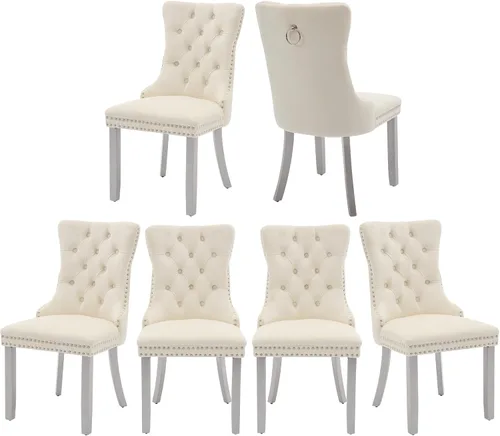 Miniatura 48 de Juego de 2 sillas de comedor de terciopelo, silla de comedor tapizada de alta gama con tirador de anillo en la espalda, adorno de clavos y patas