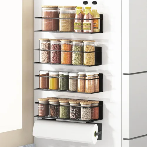 Miniatura 17 de Estante magnético para especias para refrigerador, estante magnético de ahorro de espacio para nevera negro, paquete de 2 con soporte magnético