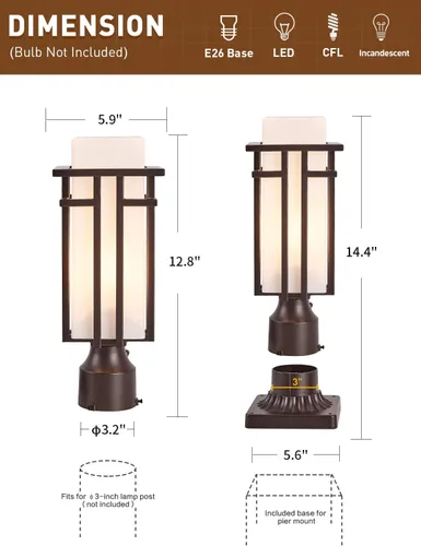 Miniatura 5 de Lámparas de poste al aire libre de bronce frotado al aceite, lámpara de poste impermeable con adaptador de montaje en muelle