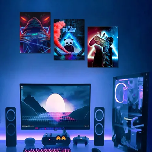Miniatura 4 de Lienzo enmarcado de 3 piezas para sala de juegos, arte decorativo de pared, lienzo de videojuegos, lienzo de neón, impresión de póster para niños